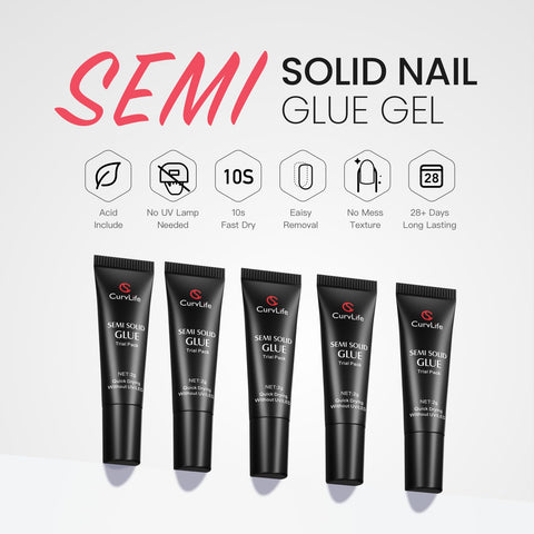 Five tubes of Semi Solid Nail Glue Gel 2g for Press On Nails, Quick Dry in 15 Seconds, No UV Light Needed, with product features.