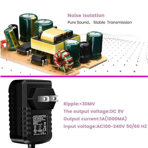 Internal view of 9V DC 1A Power Supply Adapter For Guitar Effects Pedals Center Negative Tip Universal AC Input 100 to 240V.