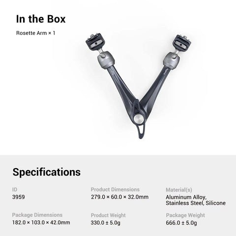 Rosette 11 Inch Magic Arm with Ball Head and Anti Twist Pins, suitable for cameras, built from aircraft-grade aluminum, shown in box.