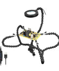 Five Arm Welding Repair Tool Soldering Station With 3X Magnifier LED Light Bench Vise Table Clamp Clip For PCB 360 Degree Flexible Gooseneck Arms And Alligator Clips Third Helping Hand on white background.
