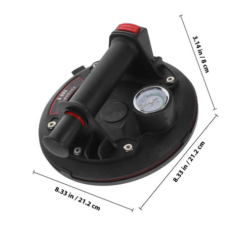 Heavy Duty Glass Lifter With Vacuum Air Pump And Pressure Gauge For Moving Ceramic Tile Sheet Metal Granite And Furniture Safely Using Strong Adsorption Cup In Plastic Rubber Material with suction cup and gauge.