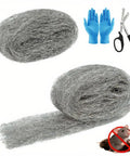 2 Pack Steel Wool Mice And Rodent Control Kit With Thick Steel Wool Pads, gloves, and scissors visible, preventing rodent entry