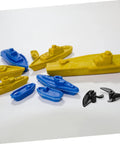 Two Pack CNC Model Ship Propellers for RC Boats next to blue and yellow model ships