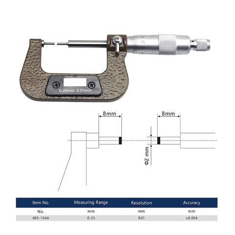 Pro Grade Small Head Thin Rod Mechanical Outer Diameter Micrometer For Spline Shafts And Tight Slots 0 To 25 Mm Range with display and scale.