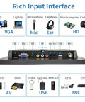 Back view of 10.1 Inch Portable Security Monitor With 1024x600 HD Display showing various input interfaces including VGA, USB, BNC.