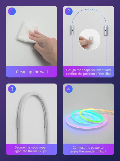 Installation steps for RGB IC Neon Rope Light 20Ft With App And Remote Control, showing wall cleaning and securing rope light.