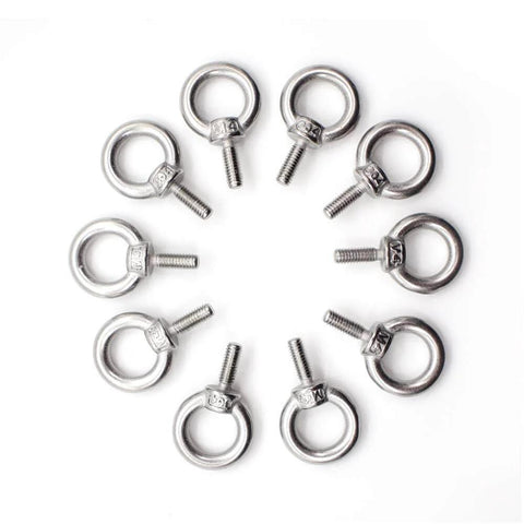 Ten Pack M4 Ring Eye Bolts, Heavy Duty 304 Stainless Steel, Shoulder Lifting, Male Thread, arranged in a circular pattern
