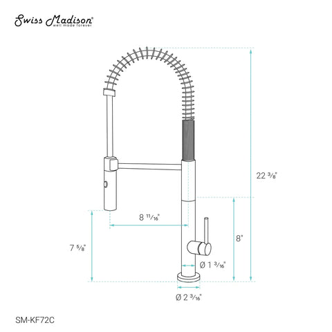 Diagram of Chalet Single-Handle Pull-Down Kitchen Faucet In Chrome With Solid Brass Construction showing dimensions