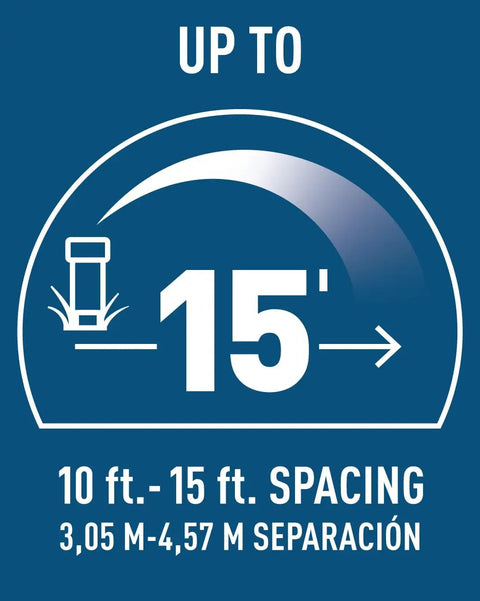 Illustration showing sprinkler coverage up to 15 feet with spacing instructions in feet and meters for landscaping irrigation.