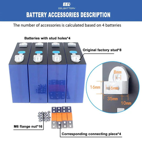 4 Pack LiFePO4 Deep Cycle Batteries 12V 330Ah MB31 Cells With Double Hole Studs with accessories description and installation details.