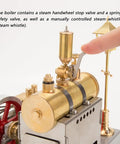 Close-up of brass boiler with valve in Steam Engine Kit With Boiler, Generator And Street Lamp, Reversible Horizontal Stationary Engine Model For STEM Education And Thermodynamics Practice, A Fun Hands On Gift For Adults, Students And Engineers.