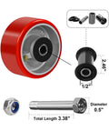 Heavy Duty Caster Wheels Set Four Inch By Two Inch Polyurethane On Cast Iron Core One Half Inch Bore Beefy Industrial Cart Toolbox Replacement Wheels Non Marking Smooth Quiet Roll Four Wheel Set detailing measurements and components