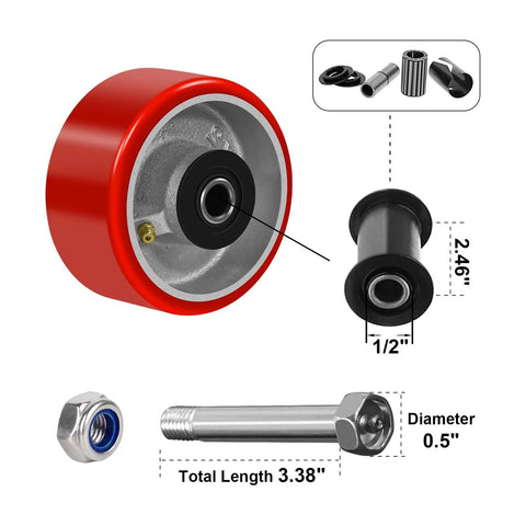 Heavy Duty Caster Wheels Set Four Inch By Two Inch Polyurethane On Cast Iron Core One Half Inch Bore Beefy Industrial Cart Toolbox Replacement Wheels Non Marking Smooth Quiet Roll Four Wheel Set detailing measurements and components
