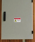 Pvc Safety Warning Stickers With Adhesive 10 Pack for industrial machinery equipment on a grey metal panel