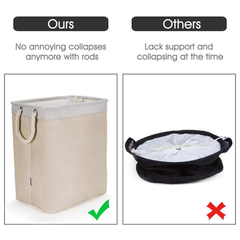 Stand Up Laundry Hamper With Handles And Built In Liner Two Pack Collapsible Laundry Basket upright with rods, comparison image.