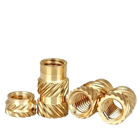 Straight Up Heavy Duty Brass Knurled Nuts 30 Piece Pack M2.5 Thread 3.5mm By 7.5mm showing various brass nuts with knurled texture.
