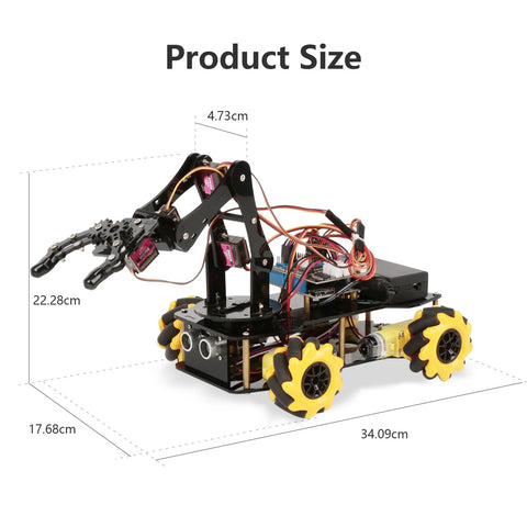 ACEBOTT Robot Arm Expansion Pack Smart Car Starter Kit: black chassis, yellow wheels, exposed wiring, robotic arm