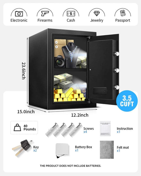 3.5 Cu Ft Home Safe with Fireproof and Waterproof Steel Security Box, open view showing electronic keypad, shelves for valuables.