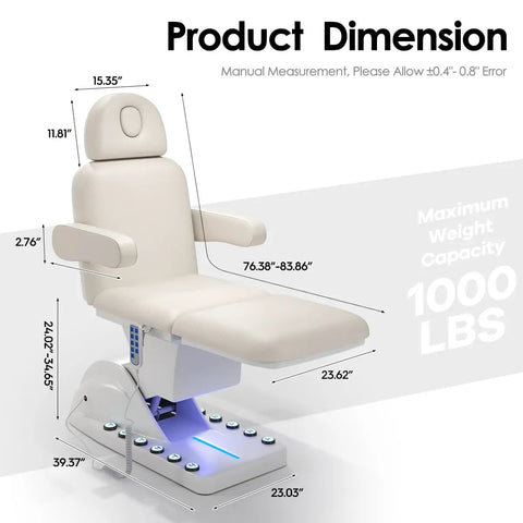 Dimensions of Professional Fully Electric Facial Massage Table With Lift For Estheticians, measuring 1000 lbs capacity.