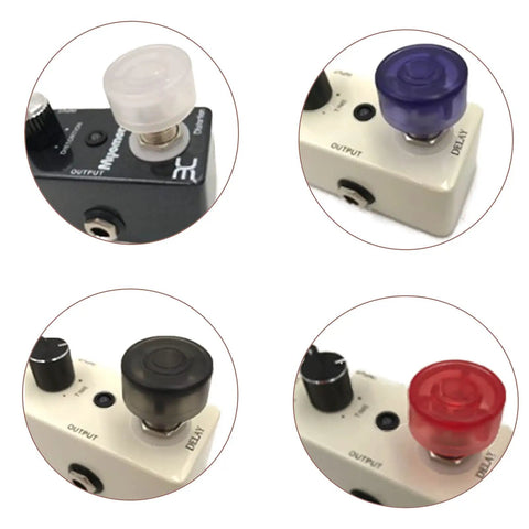 Guitar Pedal Footswitch Topper Set 20 Pack Multi Color Protection Caps For Common Pedal Switches Durable PVC Covers displayed on pedals