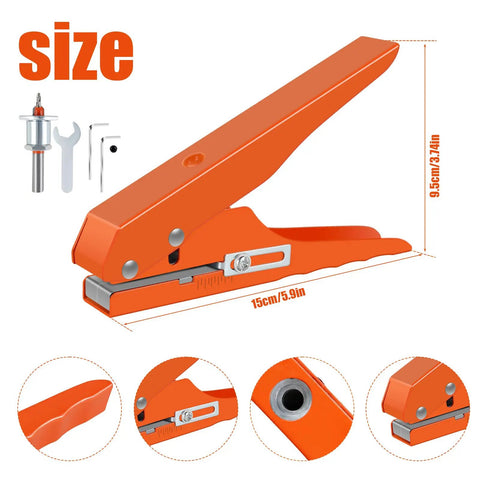 Heavy Duty Kickass Hole Punch Pliers For Adjustable Screw Covers And Edge Banding With Precision Limit Drill Bit For Leather PVC And Thick Paper Projects showing measurements and features.