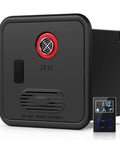 12V DC Tankless Water Heater With 55000 BTU Instant On Power for RV, with remote control, sleek black design, and safety features.