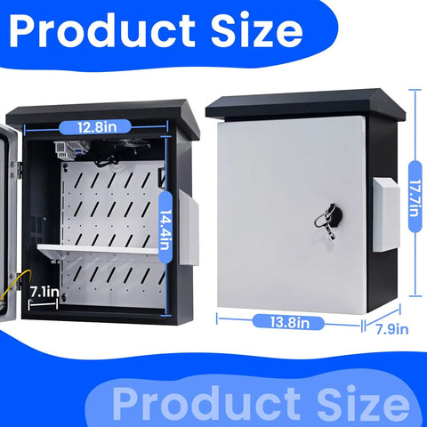 Heavy Duty Lockable Electrical Enclosure Rig, IP65 Waterproof Junction Box With Integrated Thermostat And Cooling Fan, Gray And White, dimensions shown.