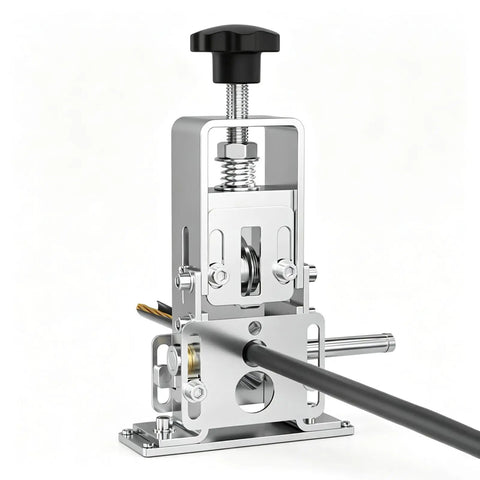 Manual Hand Crank Wire Stripping Machine For Scrap Copper Recycling Adjustable Cable Cutter Tool with black handle and metal frame.