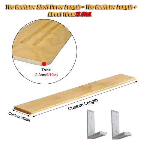 Custom Size Wooden Radiator Shelf Cover Wall Mounted Hidden Storage Panel with Heavy Duty Steel Brackets displayed with dimensions.