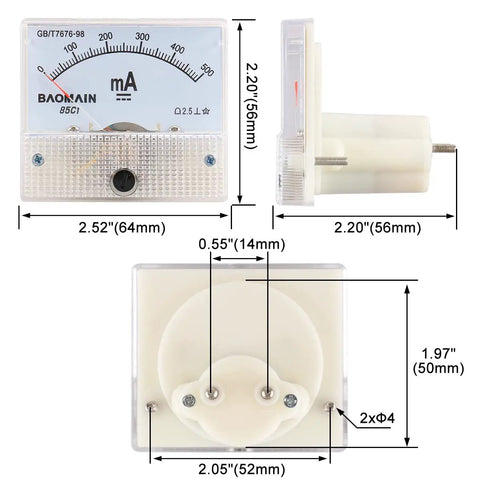 Analog DC Ammeter 0-500mA Panel Meter With 85C1 Dial, 2.5 Class Accuracy, rectangle dimensions and mounting view