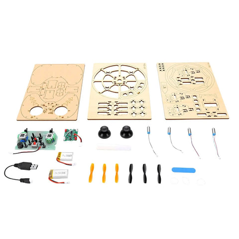 DIY Wooden Drone Kit With Dope Protective Frame For Safe Flying parts layout, including propellers, motors, and real wood panels.
