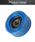 Top Shelf Blue Polyurethane Roller Idler Pulley Wheel Loaded With Tough 608RS Ball Bearings For Silky Smooth Sliding Doors And Heavy Duty Furniture Hardware Two Pack, close-up view.