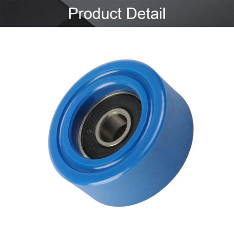 Top Shelf Blue Polyurethane Roller Idler Pulley Wheel Loaded With Tough 608RS Ball Bearings For Silky Smooth Sliding Doors And Heavy Duty Furniture Hardware Two Pack, close-up view.