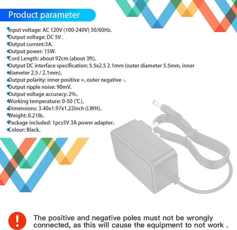 5V 3A Power Supply Wall Adapter Go-To For LED Strip Lights And CCTV Security Cameras, 15W DC Output 5.5mm plug on white background