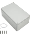 Heavy Duty Waterproof Aluminum Junction Box 7.4 By 4.72 By 3 Inches Outdoor Enclosure IP66 Dustproof Electrical Project Box For Outdoor Equipment Rugged Weatherproof Metal Junction Box With Durable Aluminum Shell with screws and cable visible.