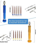 13 In 1 Multifunctional Precision Screwdriver Set With Magnetic Bits For Eyeglasses Sunglasses Watches Laptops Electronics Cellphones And Jewelry Portable Glasses Repair Kit For Quick Fixes showing blue and gold screwdriver handles with bits and double-headed mini size keychain screwdriver.