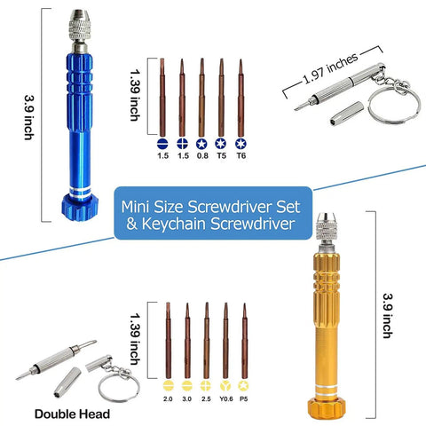 13 In 1 Multifunctional Precision Screwdriver Set With Magnetic Bits For Eyeglasses Sunglasses Watches Laptops Electronics Cellphones And Jewelry Portable Glasses Repair Kit For Quick Fixes showing blue and gold screwdriver handles with bits and double-headed mini size keychain screwdriver.