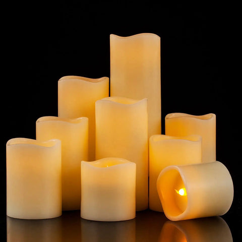 Nine Piece Flameless Candle Set With Real Wax Pillars In 3, 3, 4, 4, 5, 5, 6, 7, And 8 Inches, Battery Operated LED With Remote Timer