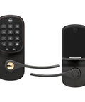 Keyless Smart Door Lever Lock With Backlit Keypad And Auto Relock For Front Entry in Solid Bronze showing keypad and handle.