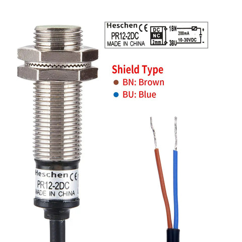 M12 Inductive Proximity Sensor Switch PR12 2DC Cylindrical Detector With 2mm Sensing Distance DC 12 24V 2 Wire Normally Closed Shield Flush Mount CE Certified Heavy Duty Industrial Sensor, metal body and wire leads