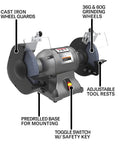 10 Inch Bench Grinder With Badass 1.5 Hp Motor Spinning At 1800 Rpm features cast iron wheel guards, 36G and 60G grinding wheels, adjustable tool rests.