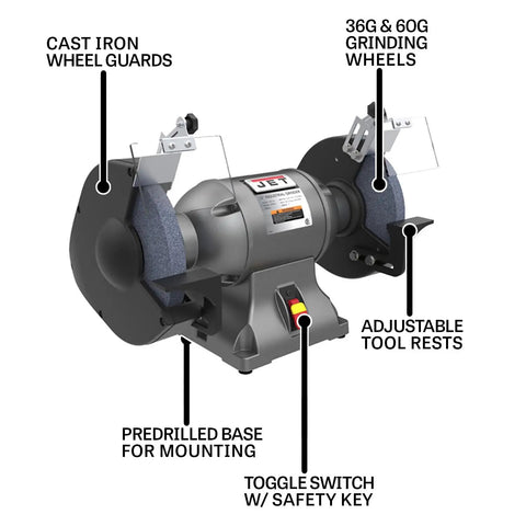 10 Inch Bench Grinder With Badass 1.5 Hp Motor Spinning At 1800 Rpm features cast iron wheel guards, 36G and 60G grinding wheels, adjustable tool rests.