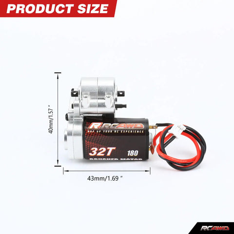 180 Motor 32T Transmission Metal Gearbox Combo For FCX24 Smasher V2, side view with dimensions and wiring details