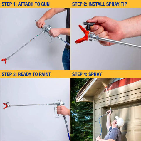Lightweight 10 Inch Aluminum Spray Gun Extension With RAC IV Tip Guard Ladder Free Setup For High Ceilings And Tight Corners Easy To Attach Works With Most Sprayers Perfect For Decks Soffits Stairs And Wide Walls installation steps