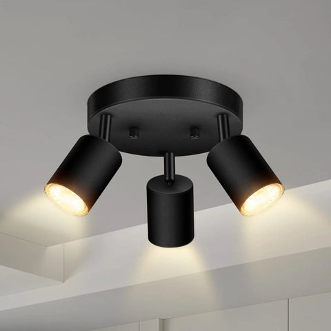 Three Light Matte Black Track Lighting Kit With Adjustable GU10 Heads For Ceiling And Wall Mount, Directional Round Spotlight