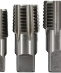 Three Piece NPT Pipe Tap Set For Plumbing One Inch One And A Quarter Inch And One And A Half Inch Carbon Steel Taps side view