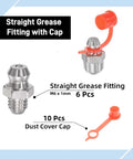 Straight grease fittings, 304 stainless steel, M6 x 1mm threads; includes 6 fittings and 10 orange dust covers.