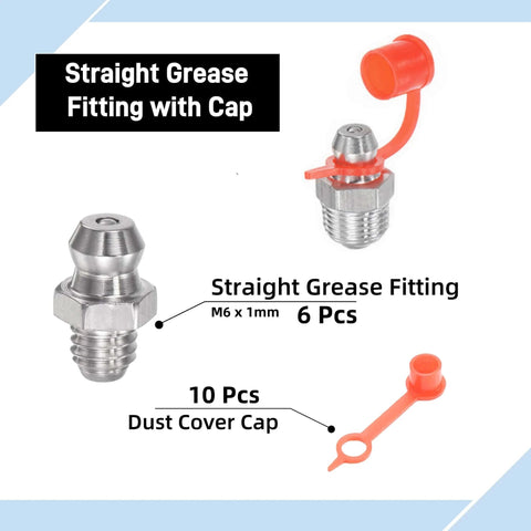 Straight grease fittings, 304 stainless steel, M6 x 1mm threads; includes 6 fittings and 10 orange dust covers.