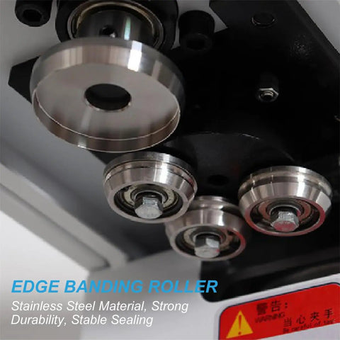 Top Notch Electric Can Sealer Machine With Smart LCD Display And Adjustable Height For Perfectly Sealing Beverages Like Juice, Bubble Tea, And Beer Using Durable Stainless Steel Build In Sleek White And Black Finish showing stainless steel edge banding roller.