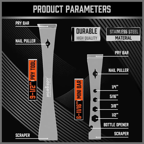 Two-Piece Pry Bar Set With Stainless Steel Flat Pry Bars And Hex Driver Function, 6-11/16 Inch And 9-1/2 Inch Nail Pullers diagram